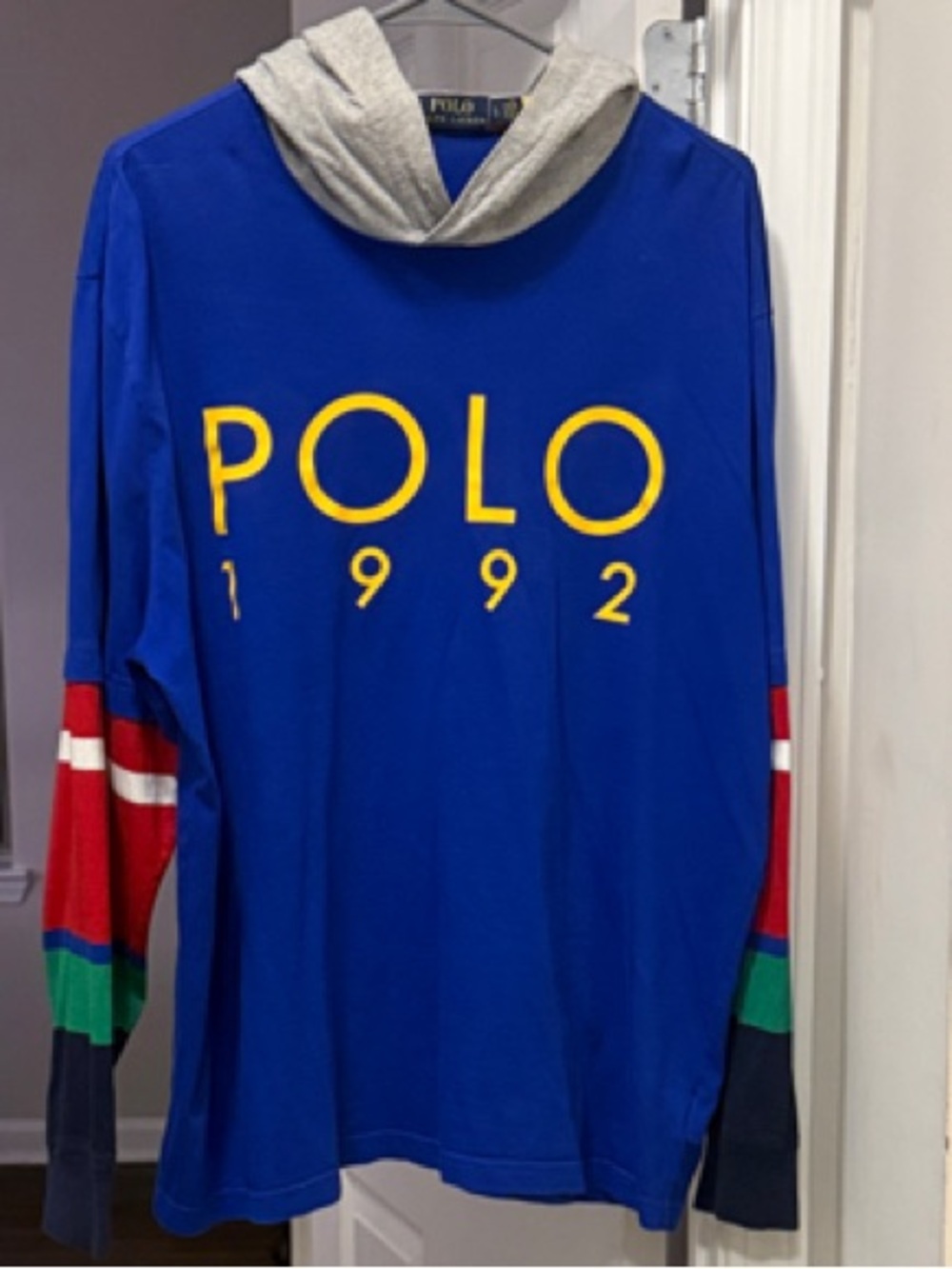 Polo by Ralph Lauren Royal Blue Hoodie with Yellow Logo and Multicolor Sleeves